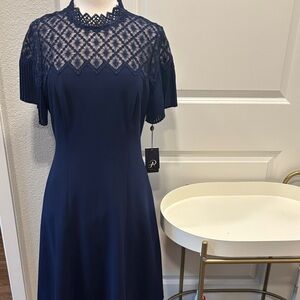 NWT Adrianna Papell Navy Lace Yoke Midi Dress